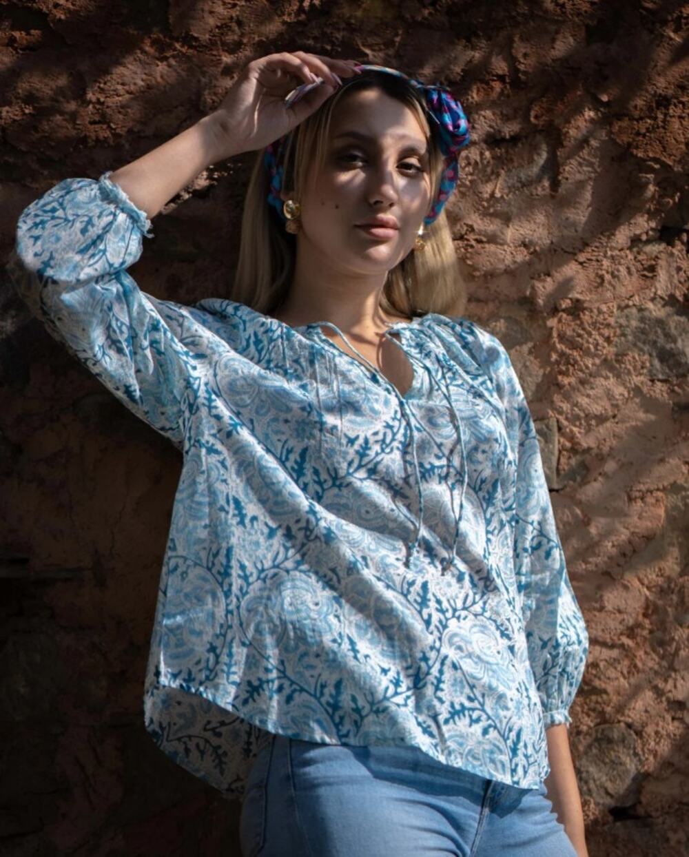 Sohana Blue White Floral Print 3/4 Sleeve 100% Cotton Frayed Top Womens Medium